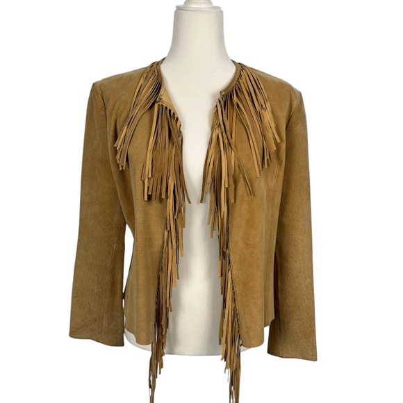 Women's Genuine Buttery Soft Suede Leather Fringed Jacket Tan Est M/L Cowgirl - Picture 1 of 9